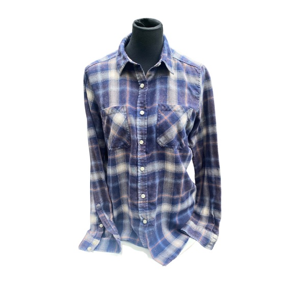 MOSSIMO BOYFRIEND FLANNEL SHIRT | NAVY & WHITE | FADED GRUNGE STYLE BUTTON-UP - Picture 8 of 8